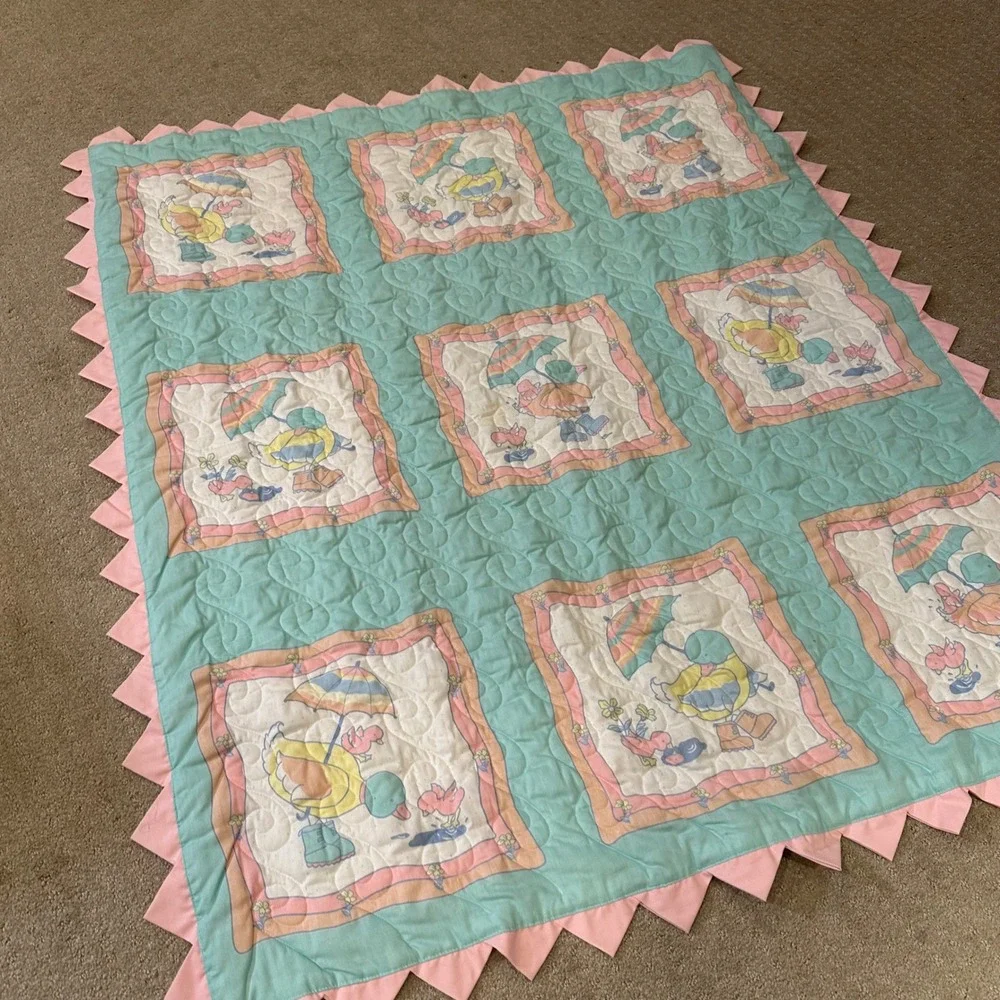 Vintage Pastel Duck Baby Quilt Mint Pink Sawtooth Edge Nursery Blanket 45x52